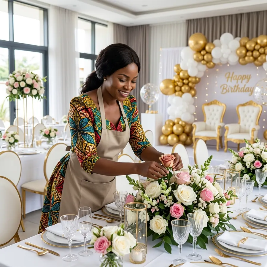 Luxury birthday celebration with balloon arches, florals, and gold table decor