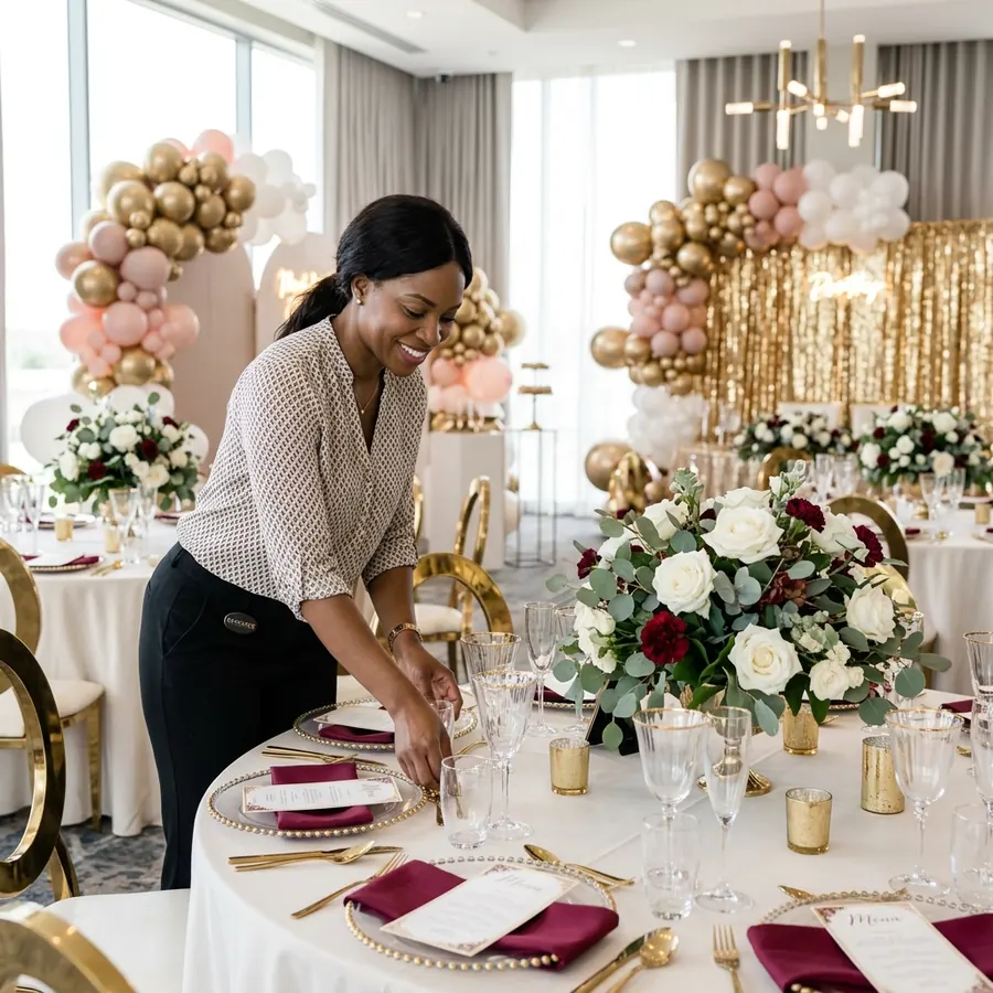 Burgundy and gold wedding table decor with floral centerpiece