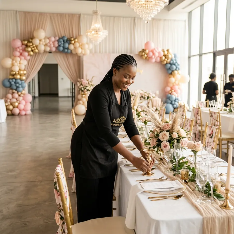 Event stylist arranging a luxury wedding tablescape with blush flowers and gold accents