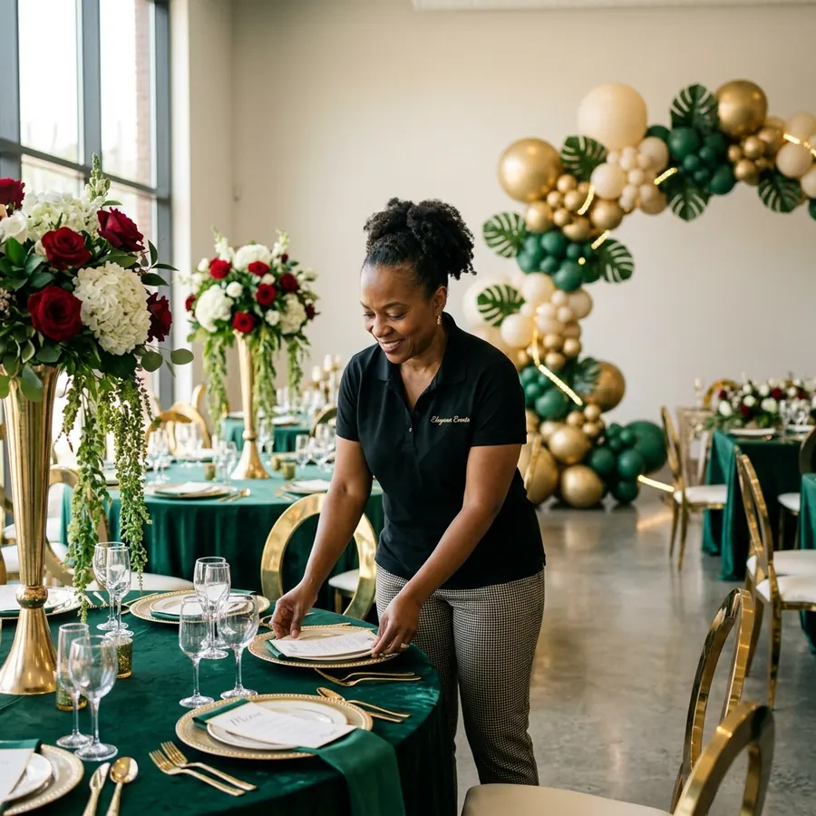 Emerald and gold event table design with floral centerpieces