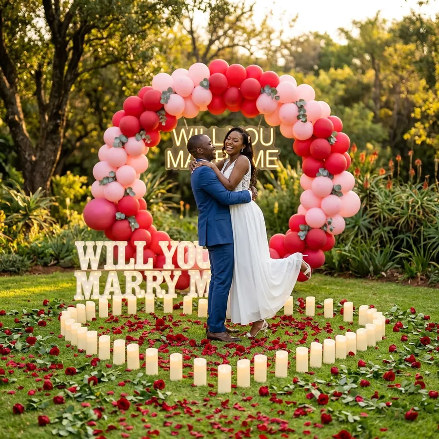 Outdoor marriage proposal decor with candles and red balloon arch